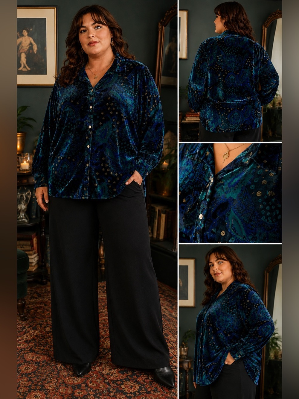 Vintage White Stag Blue Green Velvet Paisley Button Up Blouse 18W 20W Plus Size